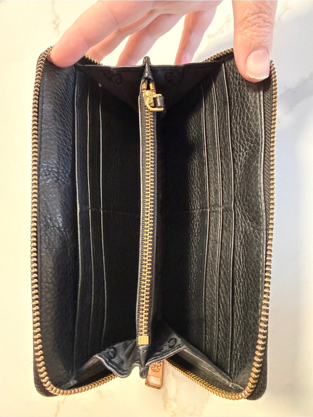 Tory Burch Black Leather Zip-Around Wallet with Gold Logo - Picture 8 of 11